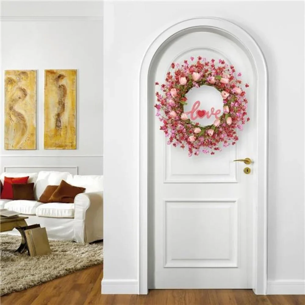 Valentines Day Wreath Decor, 22inch Artificial Pink Wreath Tulip Berry